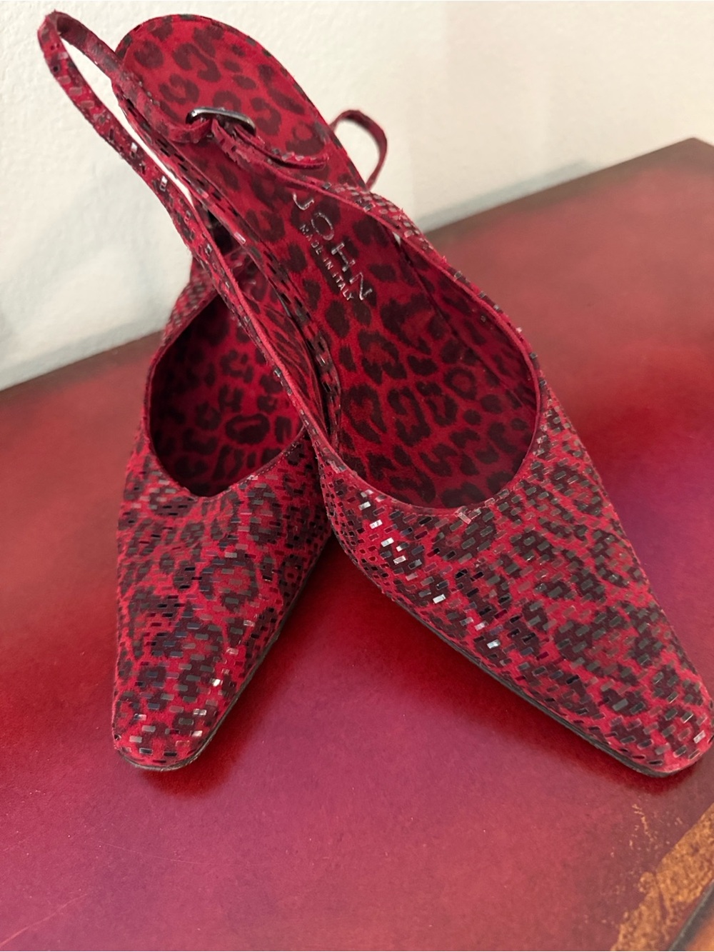 St. John Red Leopard Glistening Slingback Pumps, beautiful buckle and heel tips